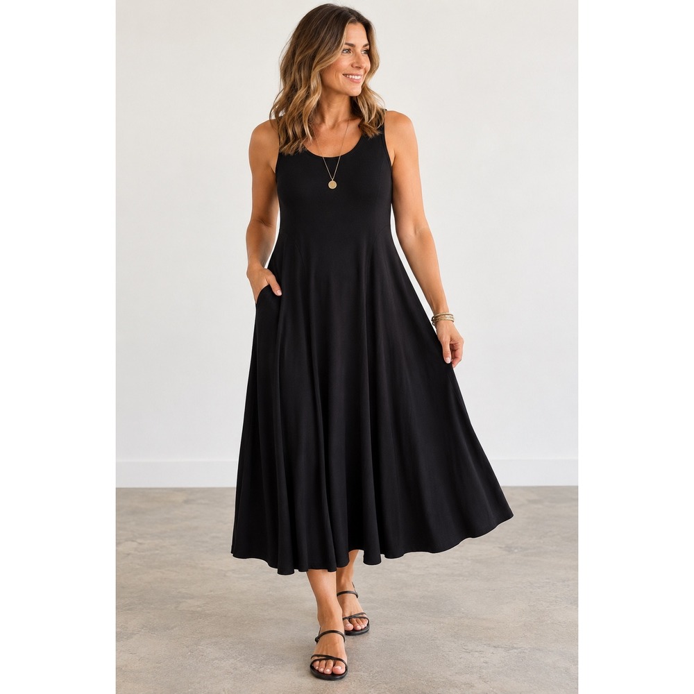 Eileen Fisher Black Jersey Sleeveless Midi Dress Pockets XL D1920M Fit Flare